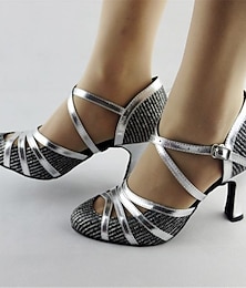 cheap -Women's Ballroom Dance Shoes Modern Shoes Performance Heel Glitter Splicing Thick Heel Ankle Strap Silver