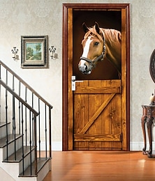 cheap -3D Horse Door Stickers Stable Decor DIY Home Decoration Closet Poster Door Stickers for bedroom living room 77*200CM