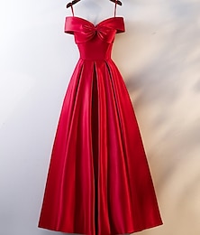 Χαμηλού Κόστους -Γραμμή Α Φορέματα χορού Ανοικτή Πλάτη Φόρεμα Επισκέπτης γάμου Χοροεσπερίδα Μακρύ Κοντομάνικο Ώμοι Έξω Σατέν με Πιασίματα 2024