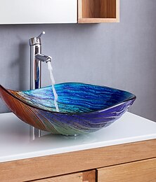 זול -כיור כלי אמבטיה מלבני 21"x15", שילוב של ברז וניקוז כיור עם ניקוז קופץ, צורת סירה צבע זכוכית מחוסמת קערת כיור כיור אמנותי, מעל הדלפק כיור כיור אמנותי