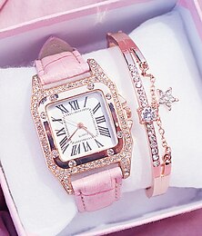 cheap -Quartz Watches Mother's Day Gift for women's Women Analog Diamond Watch Starry Square Dial Bracelet Set Ladies Leather Band Wristwatch Female Clock