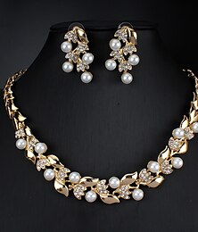 preiswerte -Kreolen 2 Weiß Künstliche Perle Strass 1 Halskette Ohrringe Damen Basic Modisch Koreanisch Klassisch Blattform Schmuck-Set Für Party Hochzeit Verlobung / Brautschmuck-Sets