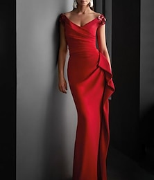 abordables -Robe de soirée Sheath Robe Sexy Formelle Traîne Sweeping  Brush Manches Courtes V Col Invitée de Mariage Jersey avec Drapé 2025