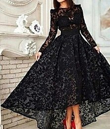 economico -Abito Nero Prom A-Line Abito Vintage Halloween Masquerade Manica Lunga Asimmetrica Collo Gioiello Mercoledì Famiglia Addams Pizzo con Pieghe Abiti