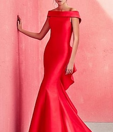 abordables -Robe de soirée sirène magnifique robe de dos convives de mariage engagement longueur sol manches courtes épaules dénudées satin avec volants drapés 2025