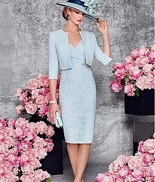 cheap -Two Piece Sheath / Column Mother of the Bride Dress Wedding Guest Church Plunging Neck Knee Length Satin Lace Half Sleeve Short Jacket Dresses with Lace Split Front Crystal Brooch 2024