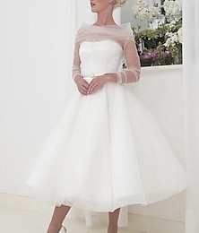 economico -Ricevimento Vintage Anni '40 '50 Abito Bianco Piccolo Abiti per Bridal Shower Abiti da Sposa A-Line Spalle Scoperte Maniche Lunghe Tulle per Sposa con Pieghe
