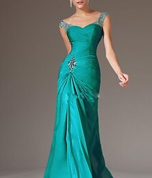 abordables -Robe de soirée Sheath Robe dos ouvert Invitée de Mariage Traîne Sweeping  Brush Sans Manches Col Plongeant Chiffon avec Cristaux Froncés Perles 2025