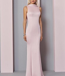 ieftine -Rochie de seară tip sheath pentru plajă Rochie elegantă Invitată la nuntă Logodnă Lungime până la podea Fără mâneci Gât înalt Satin Spate în V cu pliuri