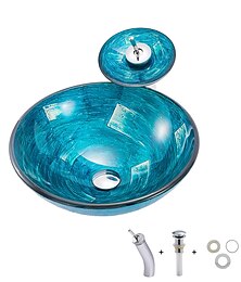 cheap -Minimalist Mediterranean Wind Round Basin Tempered Glass Wash Basin With Waterfall Faucet Basin Support Drainer