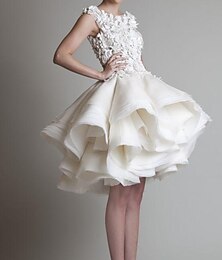 economico -Vestito vintage anni '40  '50 piccolo vestito bianco vestiti per bridal shower vestiti da matrimonio A-Line collo a barca senza maniche asimmetrico pizzo abiti da sposa con applicazioni volant a
