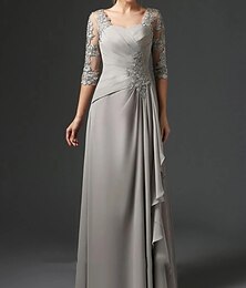 abordables -Robe Fourreau Mère de la Mariée Invité de Mariage Élégante Col Carré Longueur de Sol Chiffon Dentelle Manches Mi-Longues avec Fronces 2025 taille personnalisée gratuite