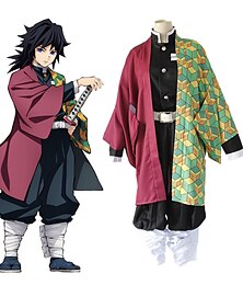 billiga -Inspirerad av Demon Slayer: Kimetsu no Yaiba Tomioka Giyuu Animé Cosplay-kostymer Japanska Cosplay-kostymer Svärd Mer accessoarer Topp Byxor Kappa Till Herr Dam Pojkar / Flickor / Knäskydd / Kläder