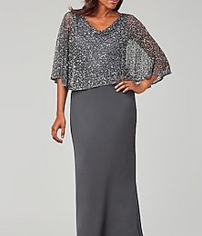 abordables -Robe Mère de la Mariée Enveloppe Élégante Col en V Longueur de Sol Chiffon Manches Longues avec Perles Sequins 2025 taille sur mesure gratuite