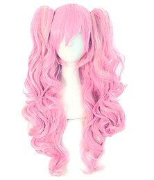 economico -Parrucca Coda di Cavallo Parrucca Rosa Cosplay Parrucca Sintetica Riccia Onde a Corpo Parrucca Asimmetrica Lunga Rosa Capelli Sintetici 30 pollici Parrucce Rosa per Donne di Halloween