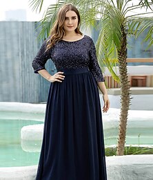 cheap -A-Line Mother of the Bride Dress Wedding Guest Elegant Plus Size Jewel Neck Floor Length Tulle Sequined 3/4 Length Sleeve with Sequin 2024