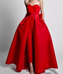 cheap -Jumpsuits Evening Gown Minimalist Dress Red Green Dress Wedding Guest Detachable Sleeveless Sweetheart Pocket Satin with Bow(s) Overskirt 2024