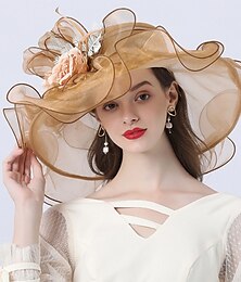 ieftine -Pălării accesorii pălărie din tulle organza pălărie din paie pălărie de soare nuntă exterior Melbourne Cup cocktail Royal Ascot modă stil vintage cu flori accesoriu de cap pălării rochia de zi a