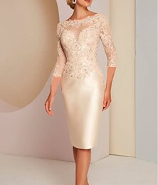 abordables -Robe de la mère de la mariée en sheath robe d’invitée de mariage élégante décolleté bijou longueur genou charmeuse manches 3/4 avec appliqués robe de jour de course taille personnalisée gratuite
