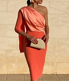 cheap -Sheath Cocktail Dresses Elegant Dress Wedding Guest Cocktail Party Knee Length 3/4 Length Sleeve One Shoulder Stretch Fabric with Draping Derby Dresses 2025
