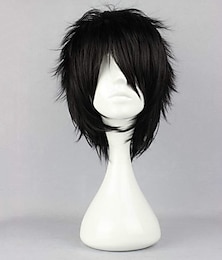 economico -Perucce nere per uomini peruca cosplay peruca sintetica riccia asimmetrica corta capelli sintetici neri da 12 pollici perucce nere fluffy per Halloween