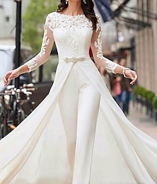 cheap -Hall Simple Wedding Dresses Casual Jumpsuits With Overskirts Illusion Neck Long Sleeve Floor Length Lace Bridal Gowns With Sashes / Ribbons Crystals 2024