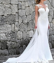 baratos -Vestidos de Noiva Formais para Noivado Cauda de Sereia Decote Ilusão Manga Curta Renda Vestidos de Noiva com Bordado em Renda 2025