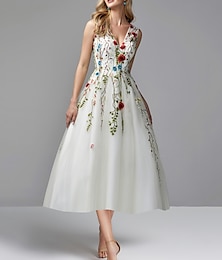 זול -גזרת A שמלות נשף פרחוני שמלה אורחת חתונה ללבוש למסיבה באורך הקרסול ללא שרוולים צווארון V תחרה עם ריקמה אפליקציות 2024