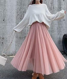 cheap -Women's Skirt & Dress Swing Tutu Long Skirt Maxi Skirts Pleated Layered Tulle Solid Colored Street Prom Summer Polyester Elegant Vintage Black Pink Khaki Beige