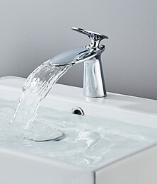 billiga -handfat kran, vattenfall i mässing med ett handtag i ett hål i modern stil med varmt och kallt vatten