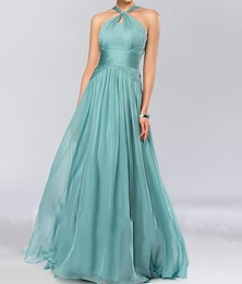 cheap -A-Line Bridesmaid Dress Halter Neck Sleeveless Elegant Floor Length Chiffon with Pleats / Draping 2023