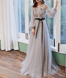 abordables -Robe de bal A-Line Robes Florales Invitée de Mariage Engagement Traîne Sweeping  Brush Manches Longues Encolure Bijou Tulle avec Appliqués 2025