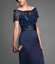 abordables -Robe fourreau mère de la mariée robe invitée de mariage élégante épaules nues mi-longue en chiffon dentelle tulle à manches courtes avec dentelle sequins 2025 taille personnalisée gratuite