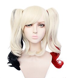 olcso -Lófarok Perük Harley Quinn Cosplay Perük Nőknek 2 Lófarokkal 12 hüvelykes Hőálló Szálú Göndör Többszínű Felnőttek Anime Perük Halloween Perük