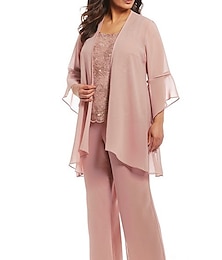 abordables -Combinaison/Pantalon Mère de la Mariée Invitée de Mariage Formelle Église Élégante Grande Taille Col Bijou Longueur de Sol Chiffon Dentelle Manches 3/4 avec Appliqués 2025 taille sur mesure gratuite