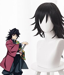 economico -demone slayer: kimetsu no yaiba tomioka giyuu parrucche cosplay taglio di capelli a strati da uomo 16 pollici fibra resistente al calore riccia nera per adolescenti adulti parrucca anime parrucche di