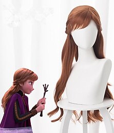 economico -parrucca cosplay parrucca cosplay anna frozen ii parrucca riccia asimmetrica con frangetta parrucca molto lunga capelli sintetici castani 28 pollici cosplay anime femminile parrucche marroni di