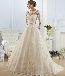 olcso -Eljegyzés Előírásos Esküvői ruhák Báli ruha Illusion nyak Hosszú ujj Udvariuszály Csipke Menyasszonyi ruhák Val vel Rátétek 2024