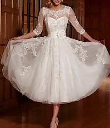 cheap -Reception Vintage 1940s / 1950s Simple Wedding Dresses Wedding Dresses A-Line V Neck Cap Sleeve Tea Length Lace Bridal Gowns With Lace Lace Insert 2024