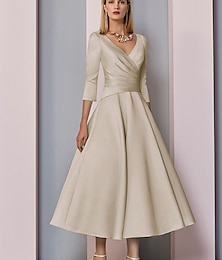 cheap -A-Line Mother of the Bride Dress Wedding Guest Elegant Vintage Plus Size V Neck Tea Length Satin 3/4 Length Sleeve with Pleats 2024