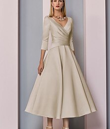 economico -Abito da Sposa in Spiaggia A-Line Oro Abito per la Madre della Sposa Ospite di Matrimonio Elegante Vintage Taglie Forti Collo a V Lunghezza Tè Raso Manica 3/4 con Pieghe per impressionare taglia