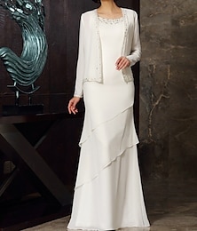 abordables -Robe Mère de la Mariée en Deux Pièces Élégante Grande Taille Encolure Bijoux Chiffon Manches Longues Wrap Veste Courte Robes avec Perles Volants Cascade Robe de Derby Robe de Course 2025