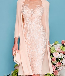 cheap -Two Piece Sheath Champagne Mother of the Bride Dress Formal Wedding Guest Church Elegant Jewel Neck Knee Length Chiffon Lace 3/4 Length Sleeve Wrap Included Jacket Dresses with Beading Appliques 2024