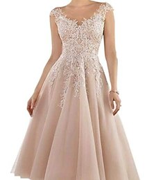 abordables -Robe de mère de la mariée A-Line invitée de mariage élégante col en V longueur thé dentelle tulle sans manches avec plis appliqués taille sur mesure gratuit