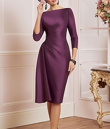 preiswerte -Säulen-Mutter der Braut Kleid Hochzeitsgast Elegant Off-Shoulder Knie-lang Satin 3/4 Ärmel mit Raffung maßgeschneiderte Größe