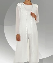 billiga -Byxor 3 -delad kostym Klänning till brudens mor Bröllopsgäst Elegant Prydd med juveler Golvlång Chiffong Långärmad med Paljett 2024