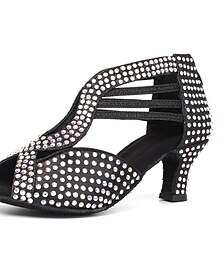 economico -scarpe da ballo da donna con strass neri, punta aperta e design con cinturini - tacchi da ballo scintillanti per balli latini, salsa e da sala