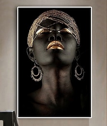 baratos -Wall Art Canvas Prints Posters Painting Artwork Picture African American Gold Earrings Necklace Black Pretty Girl Home Decoration Décor Rolled Canvas No Frame Unframed Unstretched