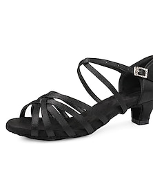 ieftine -pantofi de dans latino cu bretele negre pentru femei - sandale din satin cu vârf deschis, cu toc mic și talpă de piele intoarsă pentru sală de bal, salsa și tango