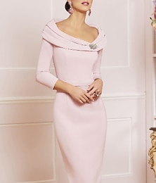 voordelige -Sheath Moeder van de Bruid Jurk Bruiloft Gast Elegante Vintage Grote Maten Scoop Hals Knie Lengte Jersey 3/4 Mouwen met Beading Kristal Speld jurk om indruk te maken 2025 gratis op maat
